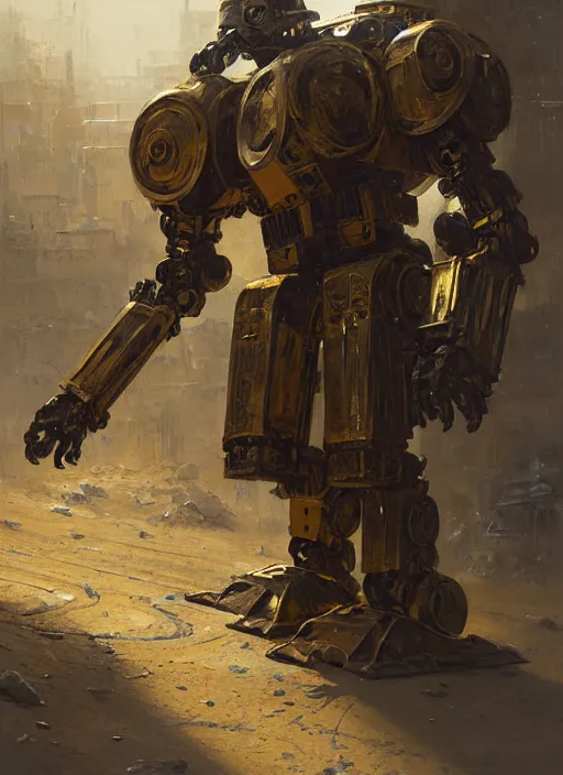 Image similar to human-sized strong intricate yellow pit droid carrying very detailed perfect antique great sword and beautiful large paladin shield, pancake short large head, exposed metal bones, painterly humanoid mecha, slightly far away, by Greg Rutkowski, epic painting