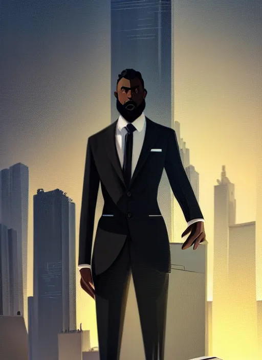 Image similar to portrait of handsome black genius in tailored suit, urban skyline, low haircut with full beard, supreme mathematics, elegant atmosphere, glowing lights, highly detailed, digital painting, artstation, concept art, smooth, sharp focus, illustration, art by wlop, mars ravelo and greg rutkowski