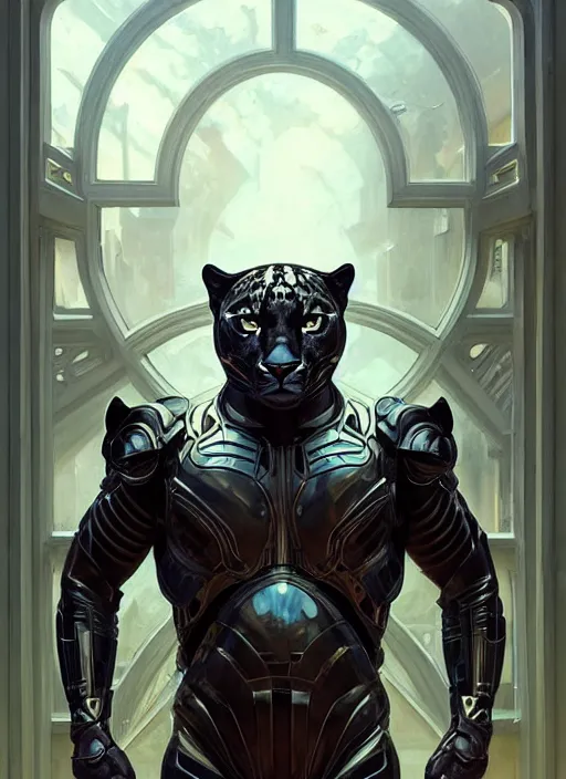 Image similar to seen through a window!! symmetry!! portrait of a panther, sci - fi armour! muscular, fantasy, intricate, elegant, highly detailed, digital painting, artstation, concept art, smooth, sharp focus, illustration, art by artgerm and greg rutkowski and alphonse mucha