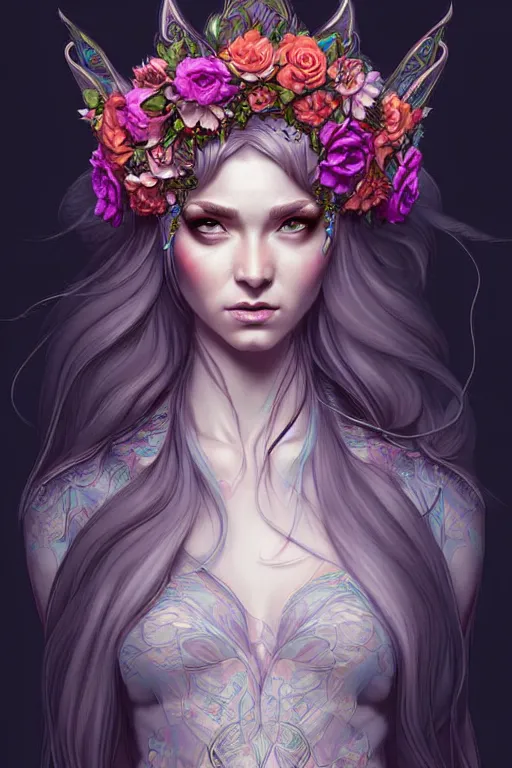 Prompt: digital art, centered full body elven bride, vivid flower crown ,intricate, veins, by James Jean and by artgerm, by ross tran , ultradetailed, charachter design, concept art, trending on artstation,