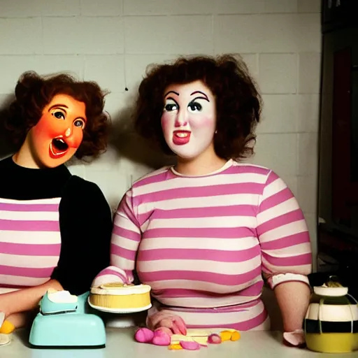 Prompt: 1985 two curvy women in a vintage kitchen baking a cake wearing an inflatable long prosthetic snout nose made of gooey pink slime, soft color wearing stripes sitting on chairs covered in soft fabric, pink slime everywhere, grey striped walls, studio lighting 1985 color film archival footage holding a hand puppet that looks like Caspar the Friendly Ghost, 16mm Russ Meyer John Waters Almodovar Doris Wishman