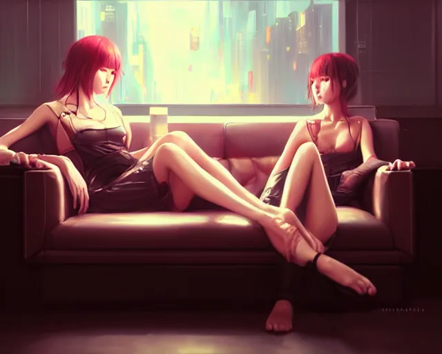 Prompt: a painting of two women sitting on a couch, cyberpunk art by wlop, cgsociety, fantasy art, anime aesthetic, anime, dystopian art, true anatomy, extremely beautiful face, extremely detailed face