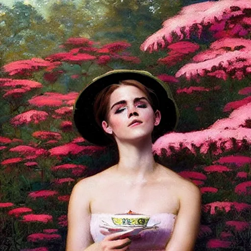 Image similar to closed eyesthick paint brush strokes full body fashion model emma watson by Jeremy Lipking by Hasui Kawase by Richard Schmid (((smokey eyes makeup eye shadow fantasy, glow, shimmer as victorian woman in a long white frilly lace dress and a large white hat having tea in a sunroom filled with flowers, roses and lush fern flowers ,intricate, night, highly detailed, dramatic lighting))) , high quality