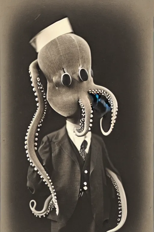 Prompt: anthropomorphic octopus , wearing a suit, tentacles spilling out of the collar, vintage photograph, sepia