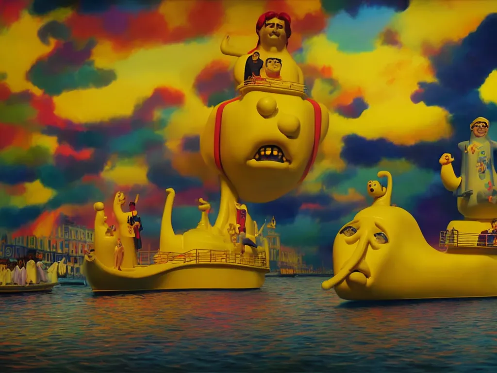 Image similar to yellow submarine by the beatles, photorealistic painting, cgi, low volumetric light, movie still, very cute and cozy and fluffy and sweet