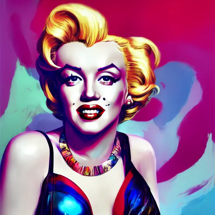 Image similar to portrait of Marilyn Monroe as a harley quinn. intricate abstract. intricate artwork. by Tooth Wu, wlop, beeple, dan mumford. octane render, trending on artstation, greg rutkowski very coherent symmetrical artwork. cinematic, hyper realism, high detail, octane render, 8k, iridescent accents