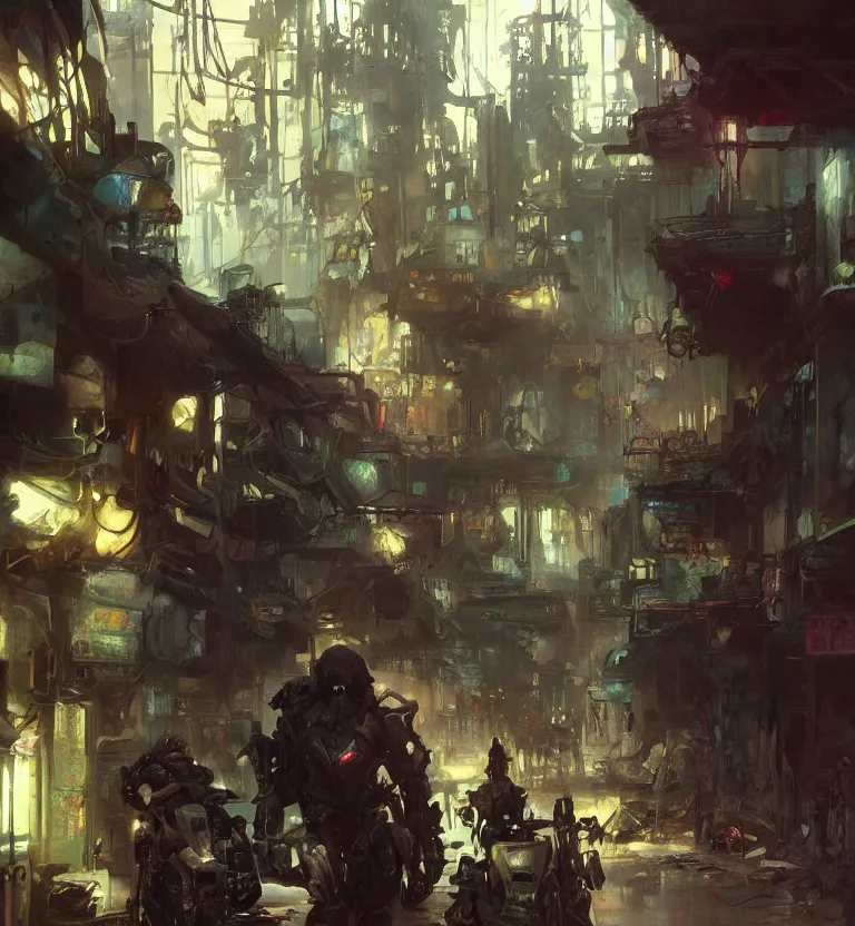 Prompt: a painting of death dealer junkyard cyberpunk, by jeremy mann, krenz cushart, artem demura, alphonse mucha, intricate, elegant, highly detailed, digital painting, artstation, concept art, smooth, sharp focus, illustration, art