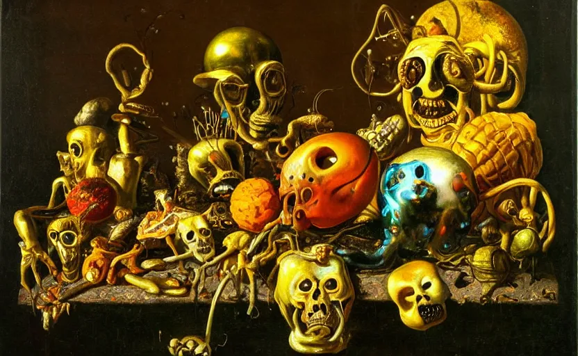 Prompt: disturbing colorful oil painting dutch golden age vanitas still life with bizarre recursive humanoid faces strange objects shiny gooey surfaces shiny metal bizarre insects rachel ruysch dali todd schorr very detailed perfect composition rule of thirds masterpiece canon 5 0 mm, cinematic lighting, chiaroscuro