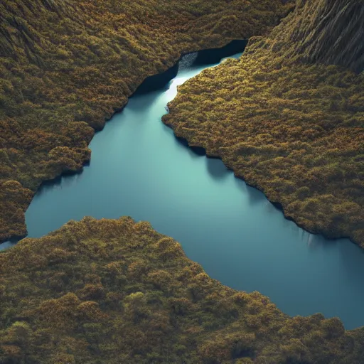 Image similar to looking down into a deep river gorge, photorealistic, 4 k, octane, trending on artstation