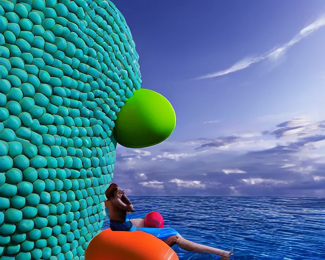 Prompt: a giant sculpture made out of inflatable pool toys in a human head shape, on the surface of the ocean, in the style of chad knight, long shot, hyper detailed, hyper realistic, ray tracing, 8 k resolution, sharp focus, realistic water, award winning sculpture