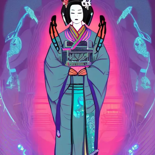 Prompt: a full body of a cyberpunk geisha, asian motif, bioluminecent