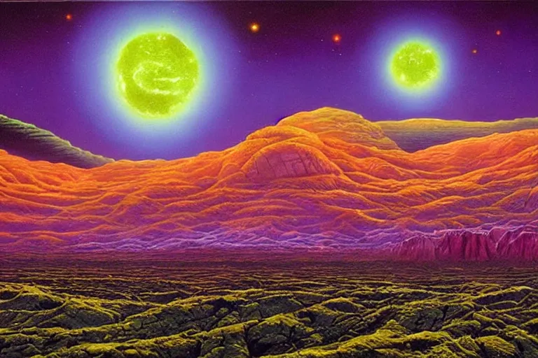 Image similar to strange fertile alien landscape, oil painting by david a. hardy, surreal, vivid colors