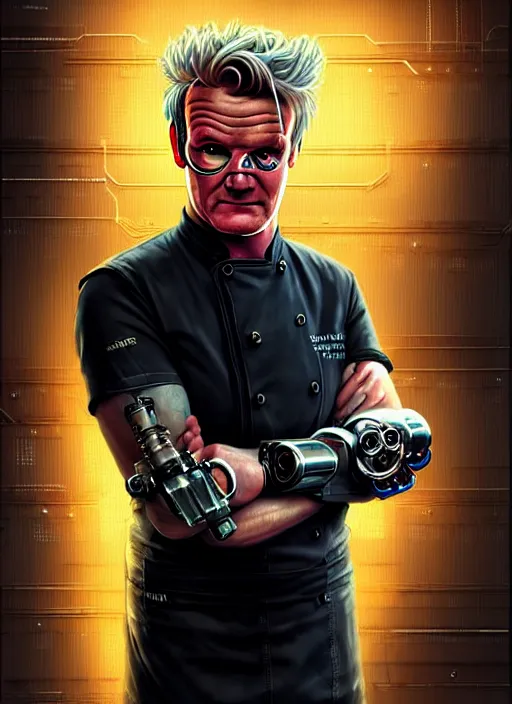 Image similar to cyberpunk gordon ramsey as the most talented chef in the universe, scifi kitchen background, diffuse lighting, fantasy, intricate, highly detailed, lifelike, photorealistic, digital painting, artstation, illustration, concept art, smooth, sharp focus, art by john collier and albert aublet and krenz cushart