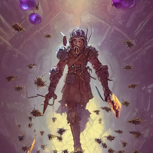 Prompt: wizard with a swarm of bees, dungeons and dragons, pathfinder, roleplaying game art, hunters gear, flaming sword, jeweled ornate leather armour, concept art, character design on white background, by studio ghibli, makoto shinkai, kim jung giu, poster art, game art