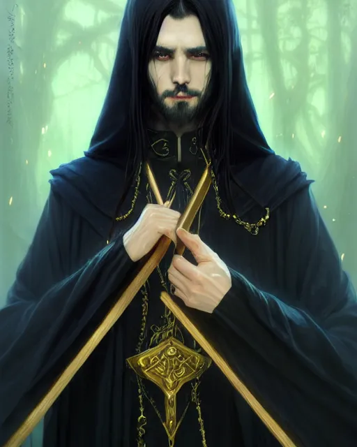 Prompt: handsome mage holding a wooden stave, long black hair wearing gothic navy cloak with gold details, green plants, fantasy character portrait, ultra realistic, anime key visual, full body concept art, intricate details, highly detailed by greg rutkowski, ilya kuvshinov, gaston bussiere, craig mullins, simon bisley