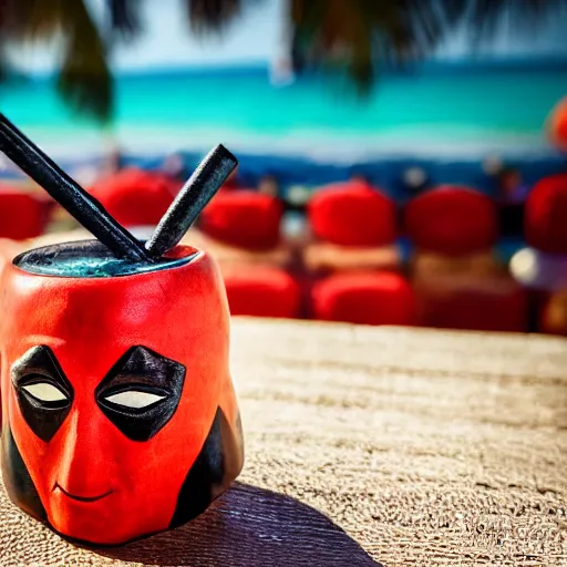 Image similar to a closeup photorealistic photograph of a deadpool style tiki mug sitting at a trader vic's beach bar featuring the face of deadpool. tiki party. bright scene. fine detail. this 4 k hd image is trending on artstation, featured on behance, well - rendered, extra crisp, features intricate detail, epic composition and the style of unreal engine.