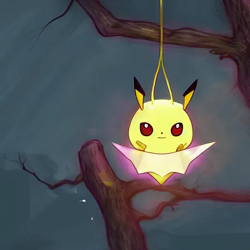 Image similar to a pokemon that looks like bat, bat hanging upside down in a tree, glowing like a light bulb, digital art. trending on art station, unreal engine.