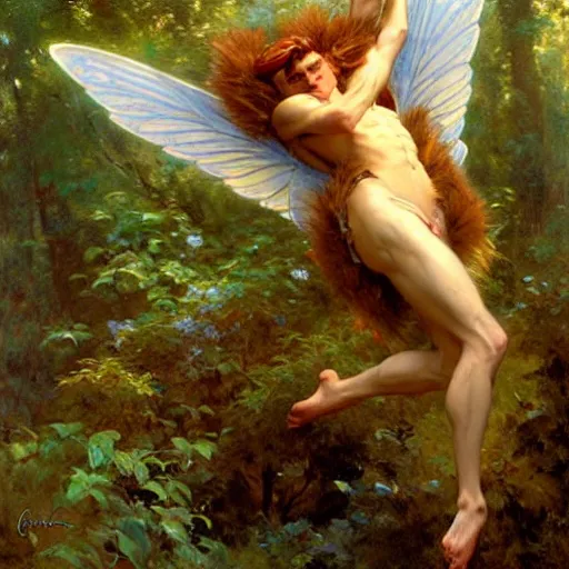 Image similar to attractive male fairy with wings in the forest, posing. highly detailed painting by gaston bussiere, craig mullins, j. c. leyendecker, 8 k