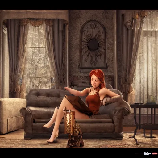 Image similar to a beautiful female is sitting on her living room couch. She is dressed casually and is watching TV, Realistic, Refined, Detailed Digital Art, Steampunk, Highly Detailed, Cinematic Lighting, Unreal Engine, 8k, HD