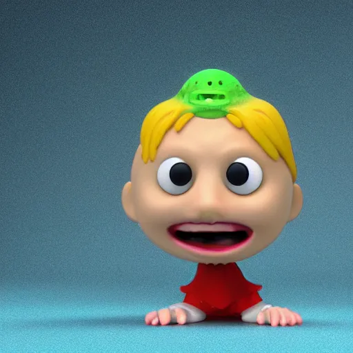 Image similar to single crazy melting plastic toy Pop Figure characterdesign product, C4d, by pixar, by dreamworks, screaming with drooling mouth open, in a Studio hollow, surrounded by flying particles