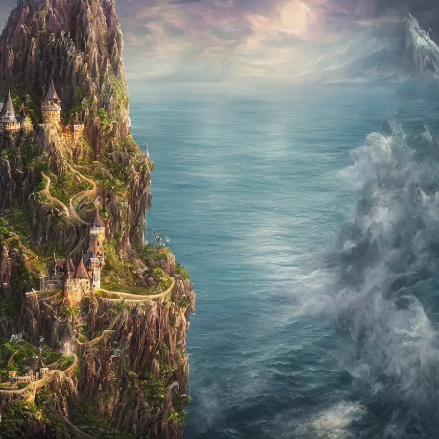 Image similar to fantasy painting of a castle on the edge of a cliff overseeing a vast ocean, complex, detailed, intricate abstract. delicate artwork. by Tooth Wu, wlop, beeple, dan mumford. octane render, trending on artstation, greg rutkowski very coherent symmetrical artwork. cinematic, hyper realism, high detail, octane render, 8k, depth of field, bokeh. chrome accents.