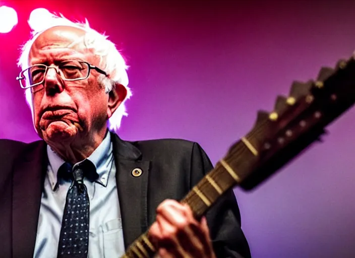 Image similar to publicity photo still of bernie sanders in a death metal band playing live on stage, 8 k, live concert lighting, mid shot