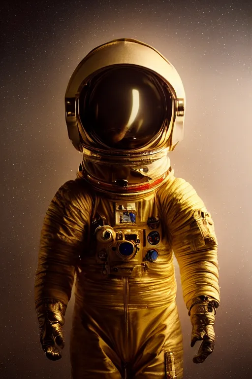 Image similar to extremely detailed studio portrait of space astronaut, helmet under arm, full body, soft light, golden glow, award winning photo by michal karcz and yoshitaka amano