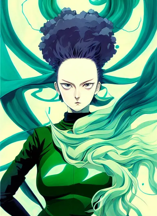 Image similar to style artgerm, joshua middleton, tatsumaki one punch man with green dress, very long blue hair, swirling water swirling, symmetrical face, symmetrical eyes, steampunk cyberpunk,, cinematic lighting