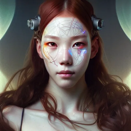 Image similar to portrait painting of a cyborg chuu from loona smiling, ultra realistic, concept art, intricate details, eerie, highly detailed, photorealistic, octane render, 8 k, unreal engine. art by artgerm and greg rutkowski and magali villeneuve and alphonse mucha