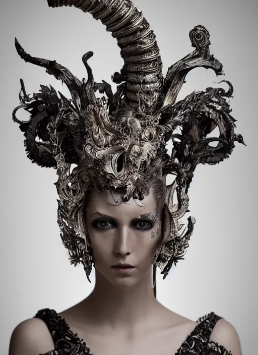 Image similar to a portrait of female by stefan geselle and nekro borja, photorealistic, intricate details, hyper realistic, fantasy, elegant, baroque, horn, ram skull headpiece, photorealistic, photography, symmetrical features, symmetrical pose, wide angle shot, feet on the ground, wearable art, unreal engine, cinematic lighting