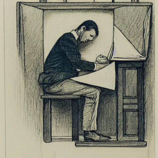 Image similar to tired man sitting behind a desk in a cubicle, papers stacked high by charles maurice detmold