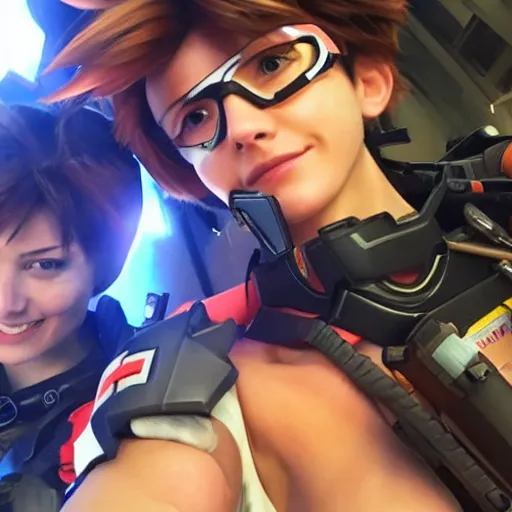 Image similar to tracer from overwatch smartphone selfie with friends