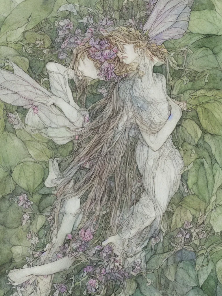 Prompt: annotated study of a flower fairy, illustration, watercolor, alan lee, detailed, pretty, ethereal,