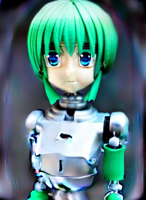 Prompt: Close-up portrait of an anime style android, robot made of anime figurine, sea-green hair and blue eyes, polycarbonate plastics, fiber-optics, fine joints, cute, wholesome, award-winning robotics