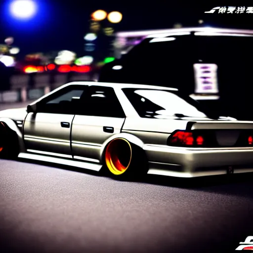 Image similar to a car JZX100 twin turbo drift at illegal car meet, Shibuya prefecture, city midnight mist lights, cinematic lighting, photorealistic, highly detailed wheels, high detail