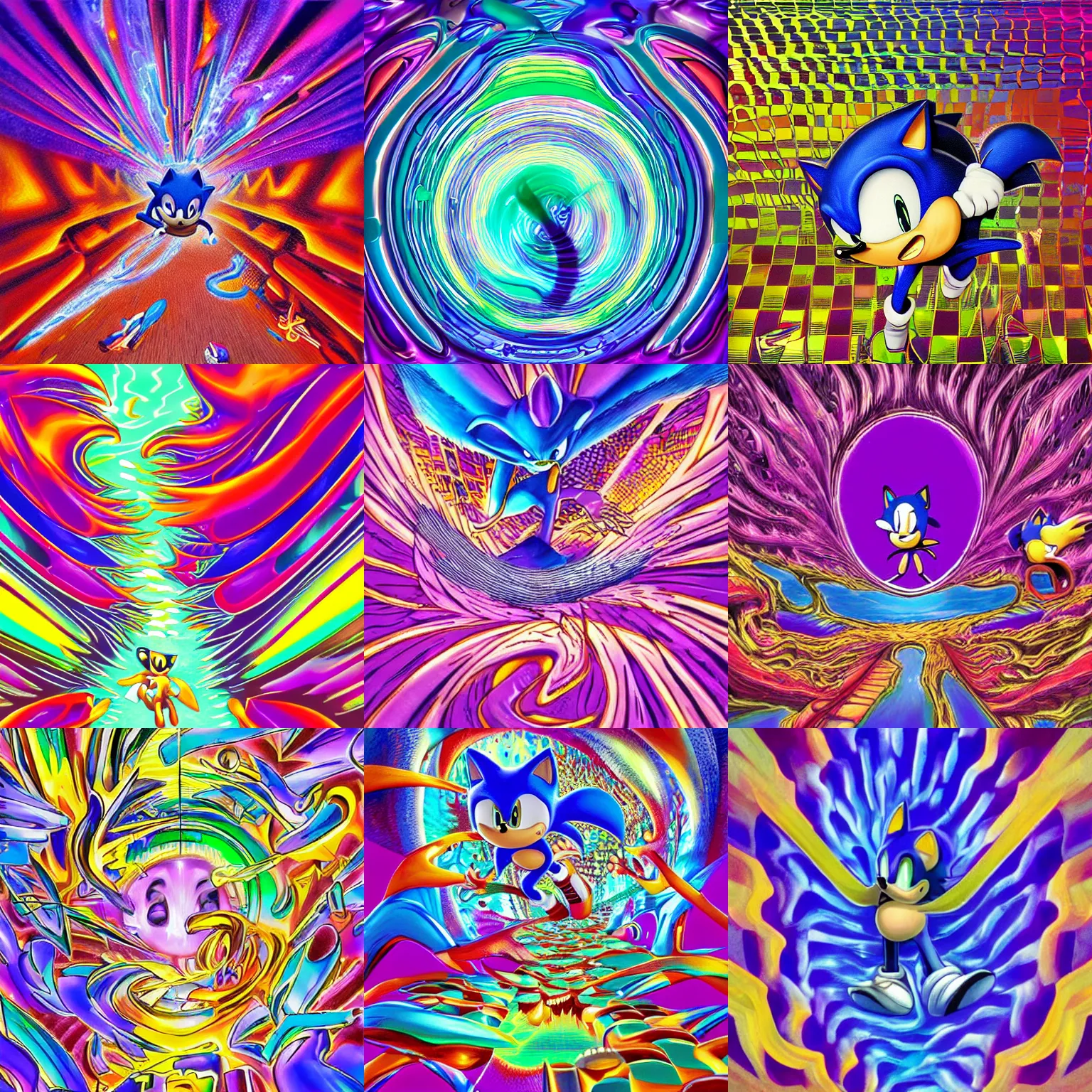 Prompt: sonic closeup of surreal, sharp, detailed professional, high quality airbrush art MGMT album cover of a liquid dissolving LSD DMT sonic the hedgehog surfing through liquid mirror tunnels, purple checkerboard background, 1990s 1992 Sega Genesis video game album cover