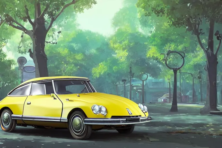 Image similar to a wholesome animation key shot of!! one!! focused!! 1 9 7 4 citroen ds!! in a tree lined beautiful paris street, medium shot, studio ghibli, ( pixar ) and disney animation, sharp, very detailed, high resolution, rendered in unreal engine 5, anime key art by greg rutkowski, bloom, dramatic lighting