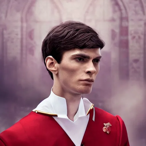 Prompt: portrait of a regal prince with sharp cheekbones, white clothes, high collar, close up, wistful melancholic hopeful expression, super details, crowd of people out of focus in the background, furious and red background, modern digital art, matte painting, science fiction
