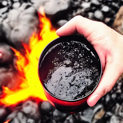 Image similar to You holding lava in cup, POV, hyperrealistic, detalied, high quality, photorealistic, photography, HD,