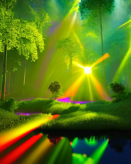 Image similar to mystical forest with a pond with a bright beam of light shining down through the clouds colorful trippy acid trip colorful 8 k 3 d sunshine rays volumetric lighting trending on artstation vray colorful