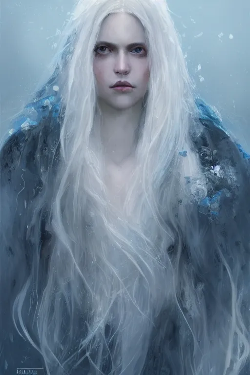 Image similar to a fancy portrait of a beautiful young woman with long white hair and blue eyes by greg rutkowski, sung choi, mitchell mohrhauser, maciej kuciara, johnson ting, maxim verehin, peter konig, bloodborne, 8 k photorealistic, cinematic lighting, hd, high details, dramatic, dark atmosphere, trending on artstation