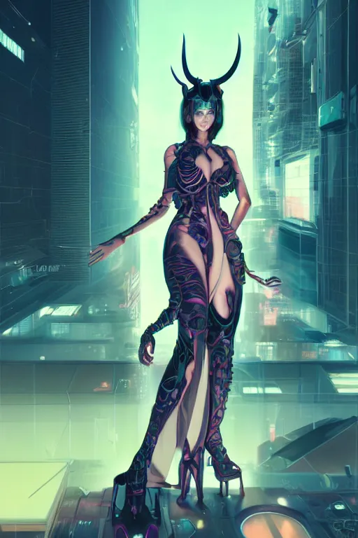 Image similar to portrait futuristic Devil Girl with horns and wings, in future cyberpunk tokyo rooftop , ssci-fi, fantasy, intricate, very very beautiful, elegant, human anatomy, neon light, highly detailed, digital painting, artstation, concept art, smooth, sharp focus, illustration, art by tian zi and WLOP and alphonse mucha