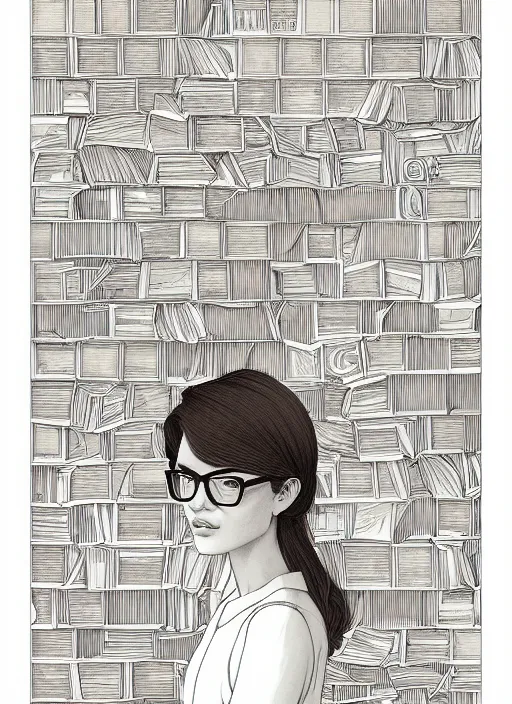 Prompt: clean line art of a woman with light brown hair and glasses sitting on a tall pile of books. well composed, clean coloring book page, beautiful detailed face. coloring book line art by greg rutkowski and johanna basford