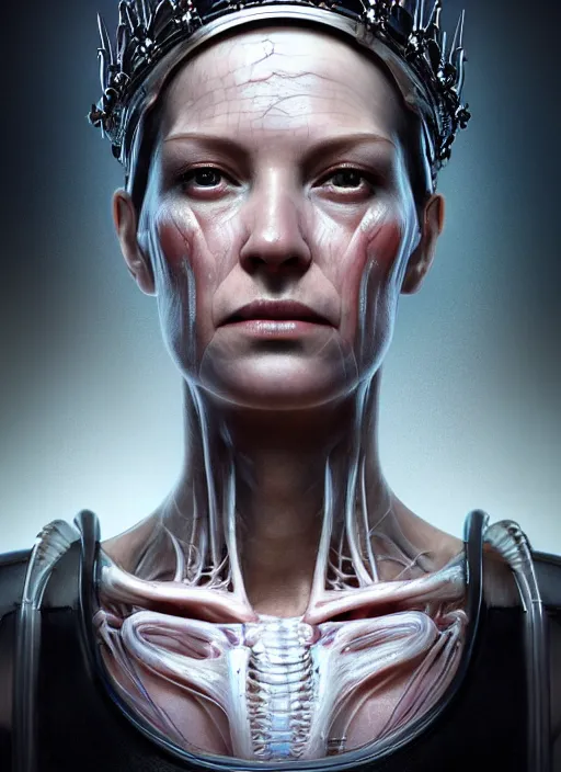 Image similar to 3 / 4 portrait, queen, crown, translucent skin, muscle, bones, veins, nerves, hyperrealism, exoskeleton, detailed, photorealistic, cyberpunk apocalyptic city, futuristic, ultra realistic, cinematic, intricate, cinematic light, unreal engine 8 k, octane render, unreal engine by charlie bowater, david kostic, stanley lau, artgerm