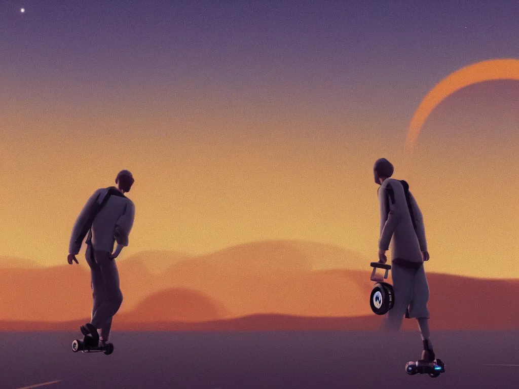 Image similar to A man in a small hoverboard taking off into the Saturn sunset leaving behind a small space colony by Edward Hopper and James Gilleard, 8k, octane render, ultra sharp, detailed digital art