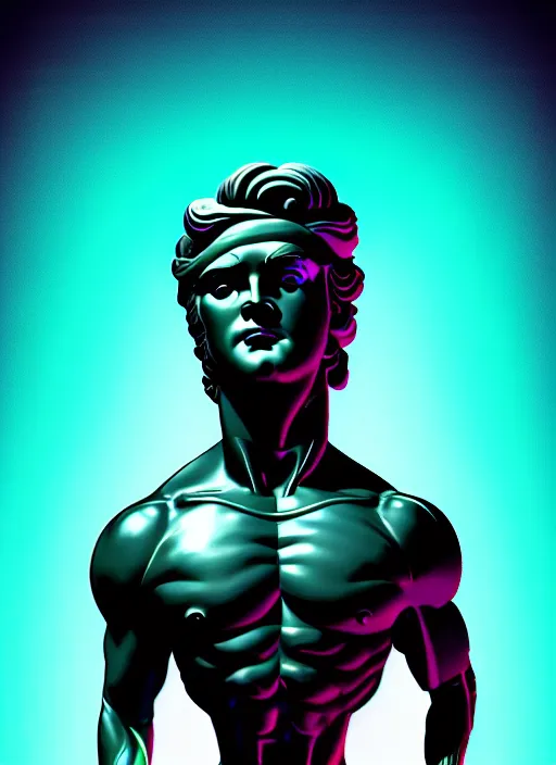 Image similar to statue of hercules, beeple, android jones, ( ( ( ( ( dan mumford ) ) ) ) ), vaporwave, retrowave, black background, neon wiring, black, glitch, strong contrast, cuts, pinterest, trending on artstation