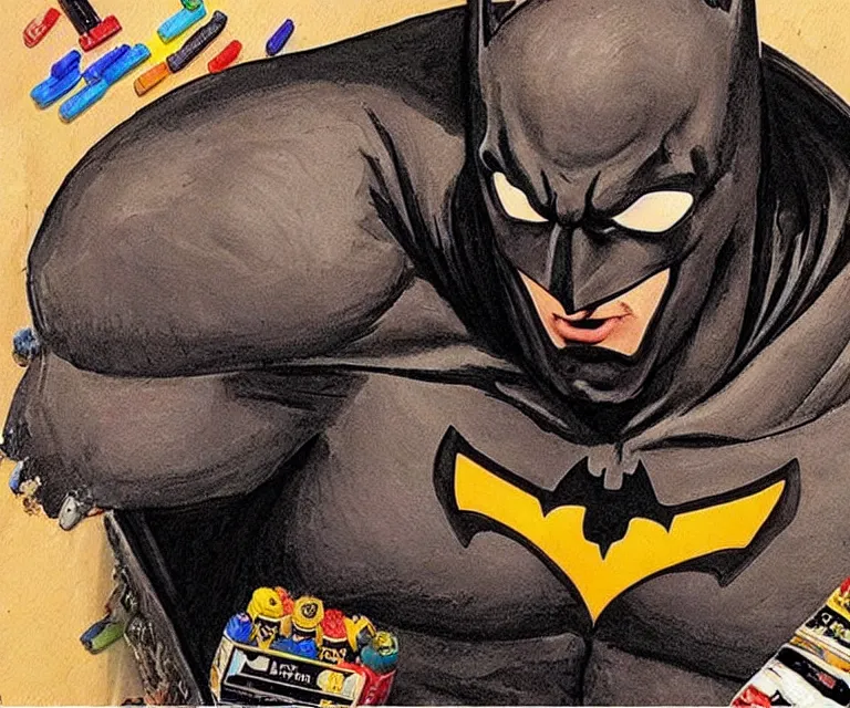 Image similar to “ sad batman crying and snacking on crayons from the box, deformed, disfigured photorealistic, hyperrealism, highly detailed, pixar ”