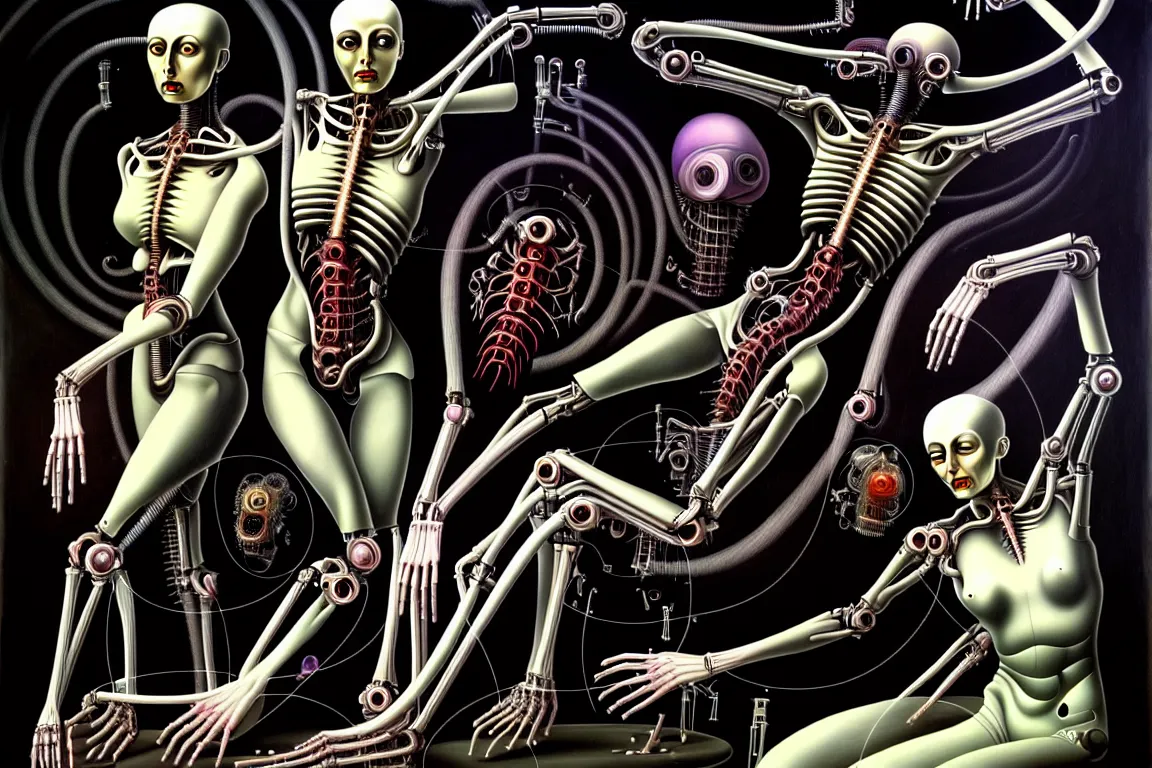 Prompt: A nightmarish dreamscape of two interconnected biomechanical android woman with surreal physiology, high details, surrealism, monochromatic airbrush painting, style of H. R. Giger, Caravaggio, Dali
