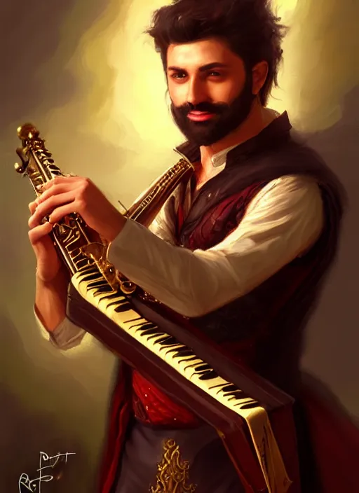 Image similar to a _ fantasy _ style _ portrait _ painting _ of pasific male charismatic bard playing instrument, rpg dnd oil _ painting _ unreal _ 5 _ daz. _ rpg _ portrait _ extremely _ detailed _ artgerm _ greg _ rutkowski _ greg