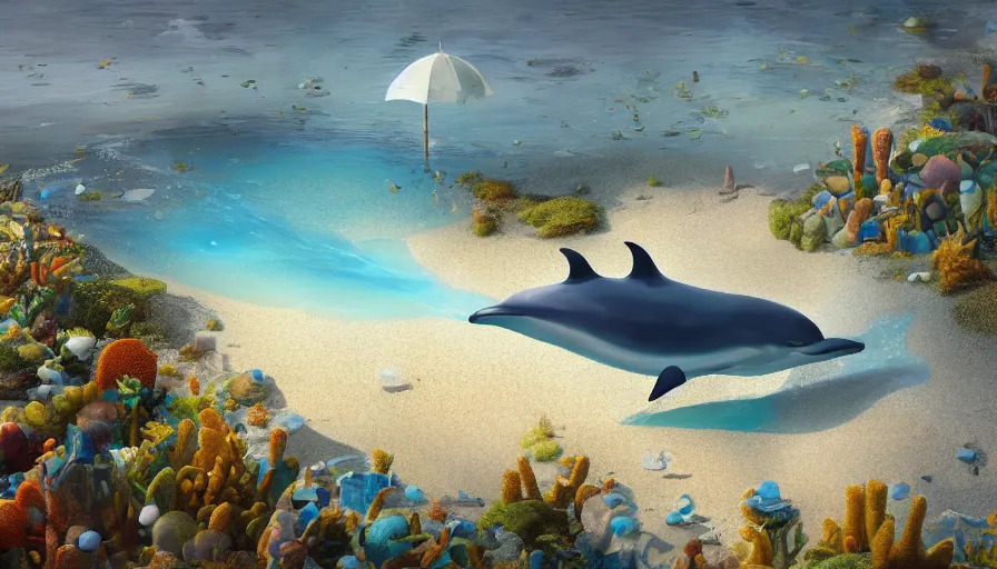 Image similar to craig mullins and ghibli digital illustration of, a dolphin in the blue dotted water, modern beach ， many umbrellas, white waves ， yellow gravel corals and schools of fish unreal engine, hyper realism, realistic shading, cinematic composition, realistic render, octane render, detailed textures, photorealistic, wide shot